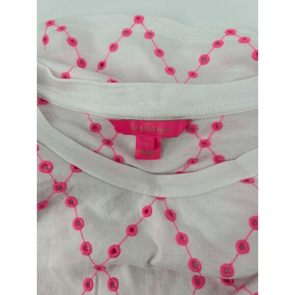 Lilly Pulitzer Jansen Eyelet Long Sleeve Prosecco Pink Oversized Diamond Knit L - Picture 5 of 5